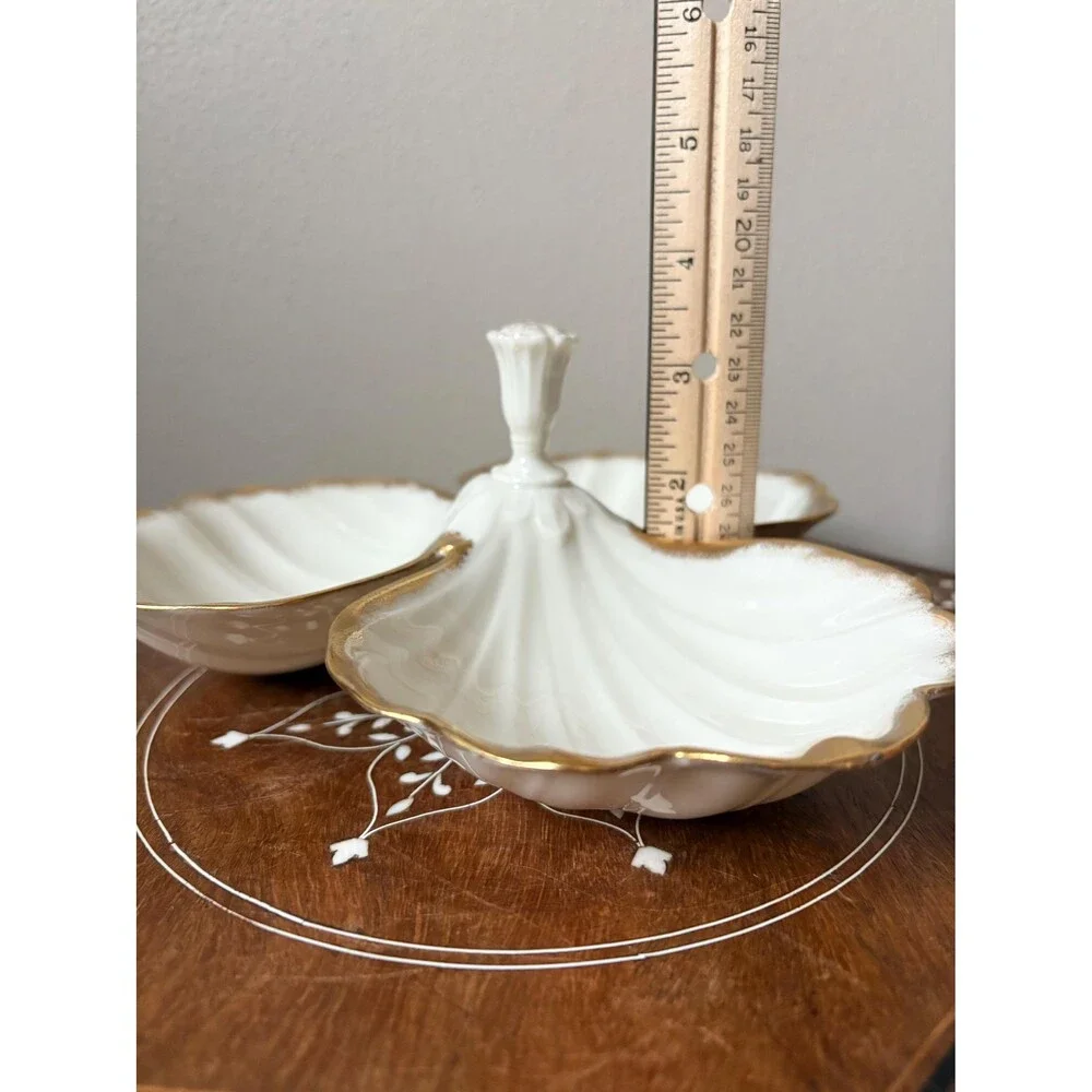 Vintage Lenox Triple Leaf Shell Dish Candy Nuts Gold Trim